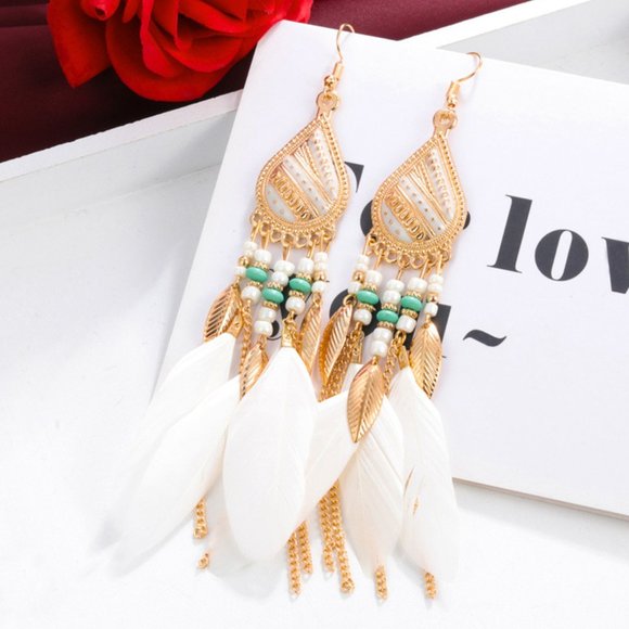 Jewelry - Bohemian White and Gold Long Feather Earrings